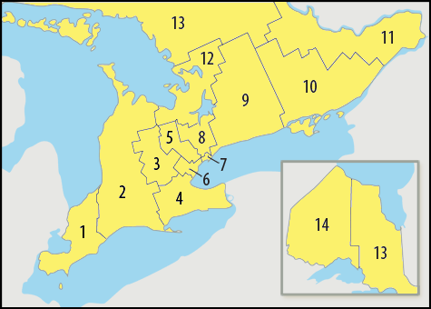 Une carte qui démontre les regions de l’Ontario couvertes par les sites régionaux de lignesanté.ca.